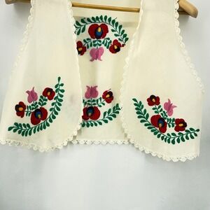 Handmade Embroidered Folk Vest Floral Boho Festival Peasant Cream Cotton